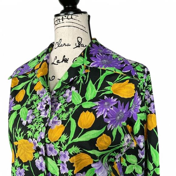 1970s Floral Print Blouse Le Soft Shirt Lady Manhattan Glows in UV Blacklight - Picture 7 of 10